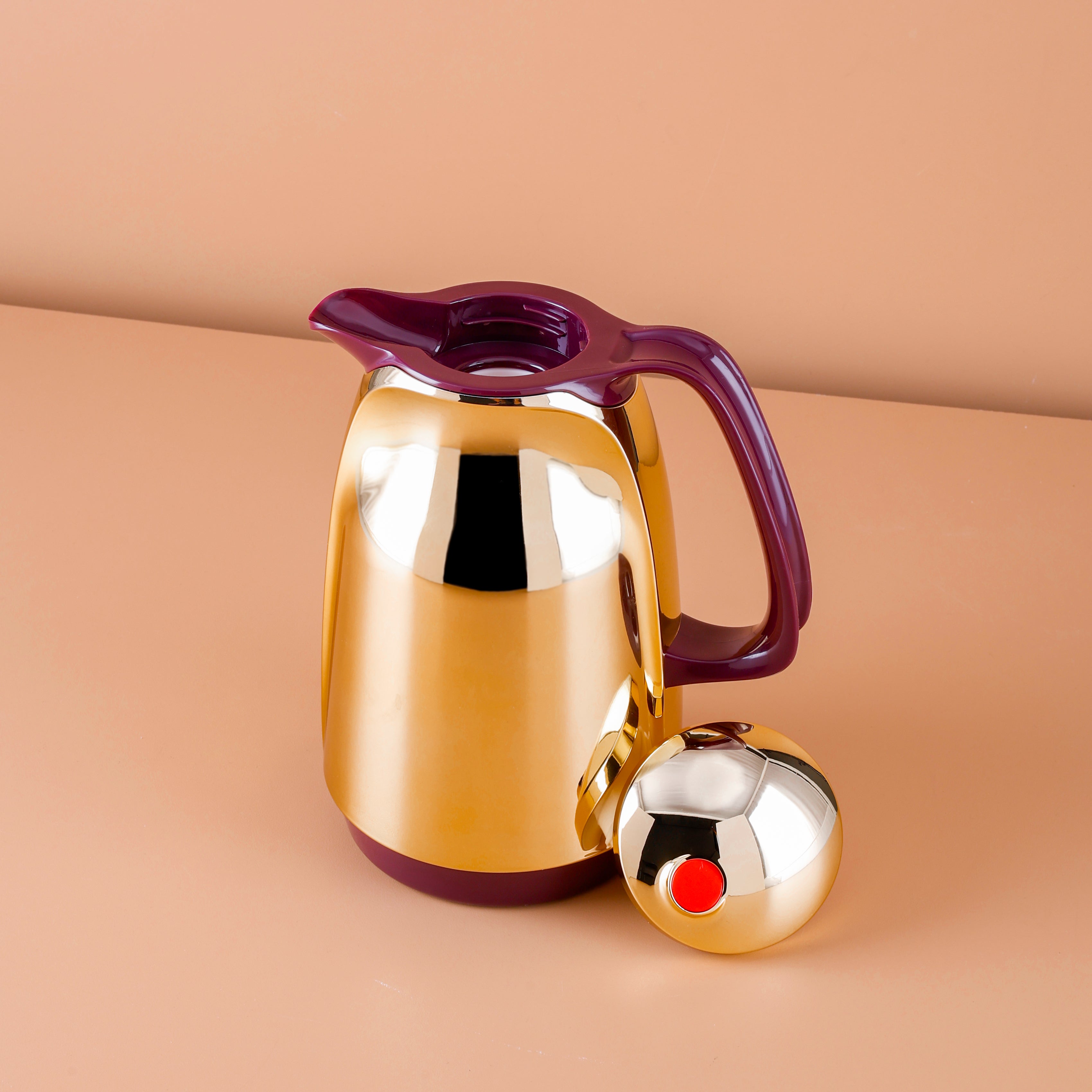 Gold + Burgundy Color Dallah Insulated Thermos Flask – 1L | Elegant Hot & Cold Beverage Server