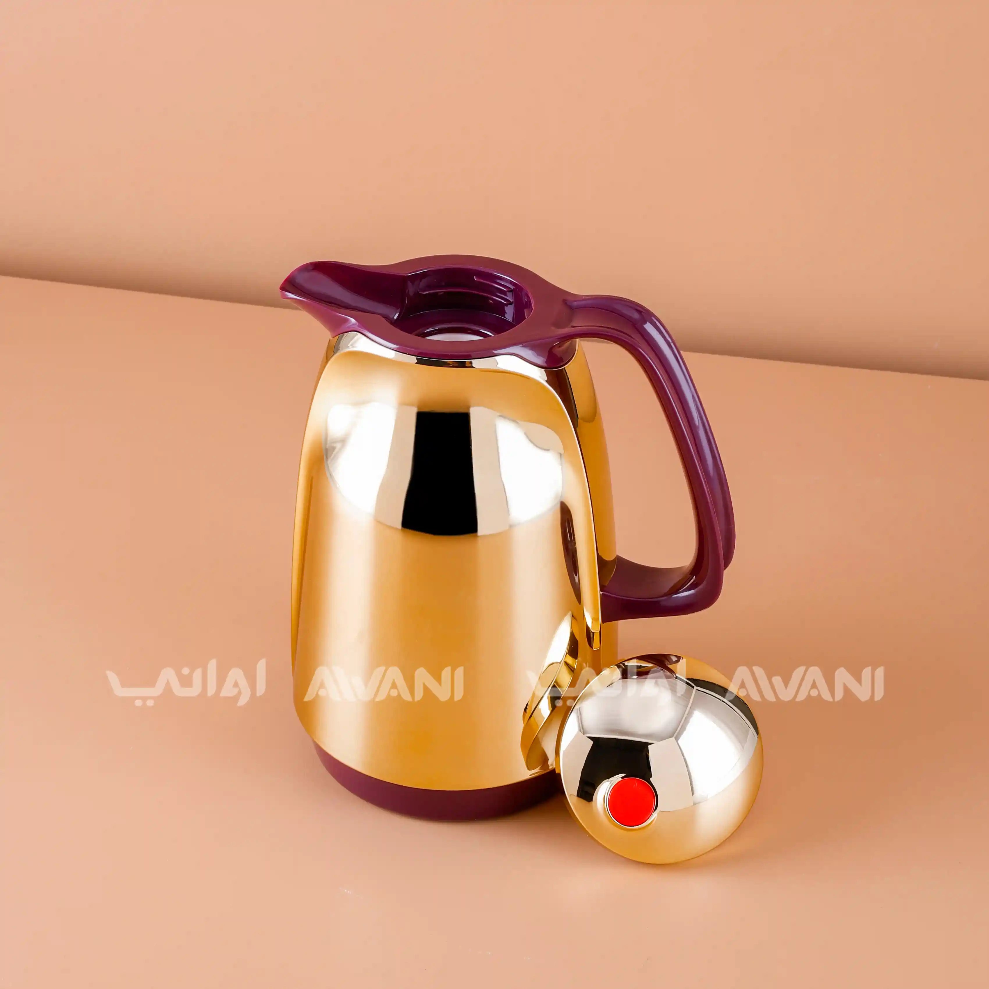 Gold + Burgundy Color Dallah Insulated Thermos Flask – 1L | Elegant Hot & Cold Beverage Server