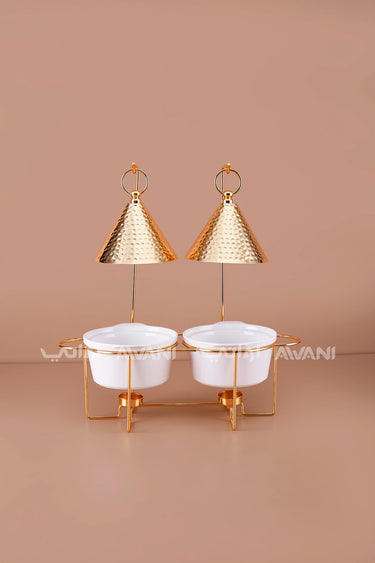Double Chafing Dish Food Warmer Set (2 Bowls) – Gold & White with Hammered Hanging Lids for Buffet & Catering