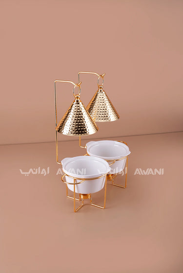 Double Chafing Dish Food Warmer Set (2 Bowls) – Gold & White with Hammered Hanging Lids for Buffet & Catering