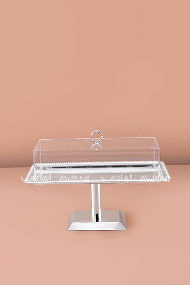 Rectangular Silver Steel Serving Stand with Acrylic Lid