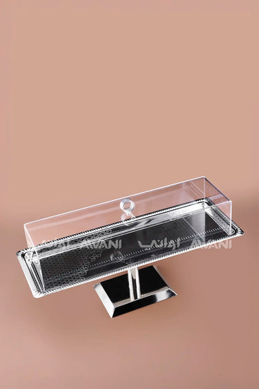Modern Silver Pedestal Serving Stand with Clear Cover
