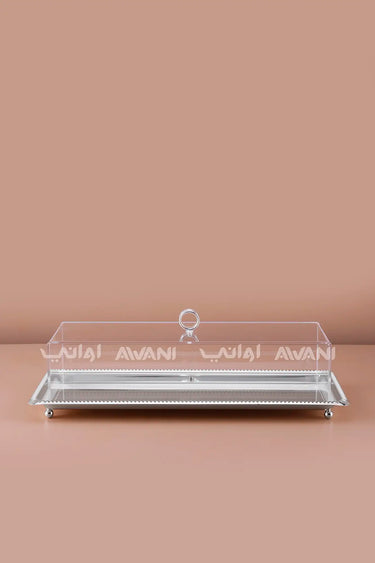 Rectangular Dessert Stand with Silver Base & Clear Dome