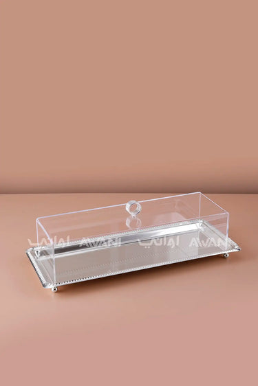 Rectangular Dessert Stand with Silver Base & Clear Dome