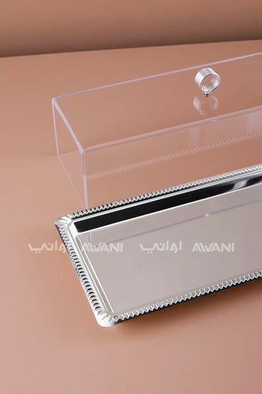 Rectangular Dessert Stand with Silver Base & Clear Dome
