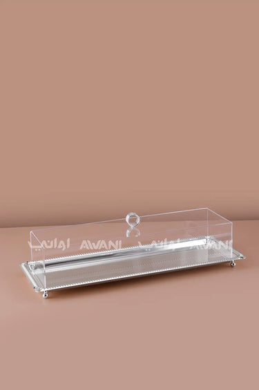 Rectangular Dessert Stand with Silver Base & Clear Dome