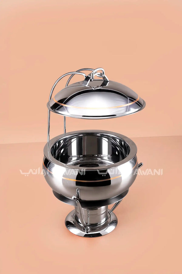 2500ML Stainless Steel Chafing Dish – Round, Hanging Lid, Silver- Gold Trim