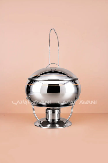 2500ML Stainless Steel Chafing Dish – Round, Hanging Lid, Silver- Gold Trim