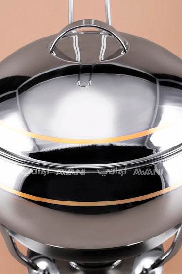 2500ML Stainless Steel Chafing Dish – Round, Hanging Lid, Silver- Gold Trim