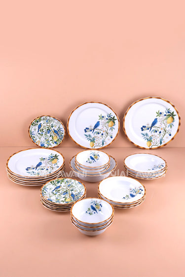 26-Piece Dinnerware Set – Blue Bird & Lemon, Scalloped Bamboo Rim