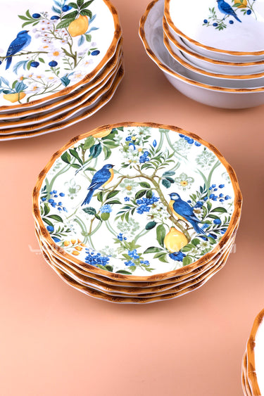 26-Piece Dinnerware Set – Blue Bird & Lemon, Scalloped Bamboo Rim
