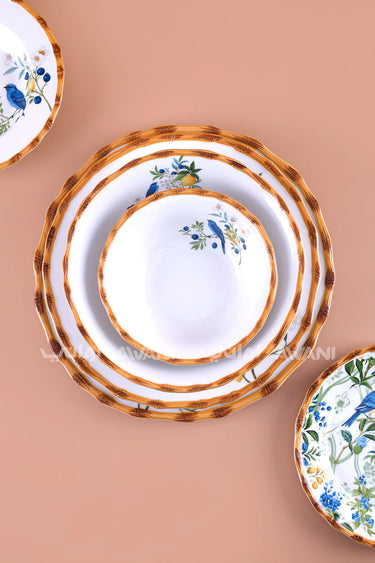 26-Piece Dinnerware Set – Blue Bird & Lemon, Scalloped Bamboo Rim