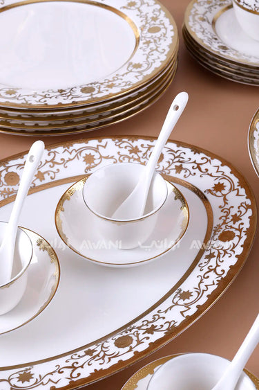 Royal Gold Floral Filigree Design 70pc Porcelain Dinnerware & Tea Set – Complete Service for Fine Dining