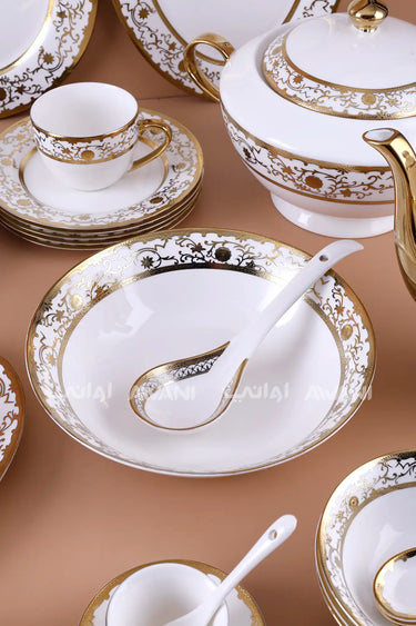 Royal Gold Floral Filigree Design 70pc Porcelain Dinnerware & Tea Set – Complete Service for Fine Dining
