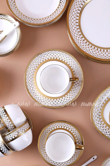 Modern Gold Mesh Porcelain Dinner and Tea Set – 70-Piece Premium Tableware Collection