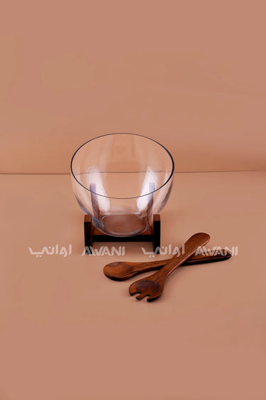 Clear Glass Salad Bowl with Solid Wood Stand and Servers