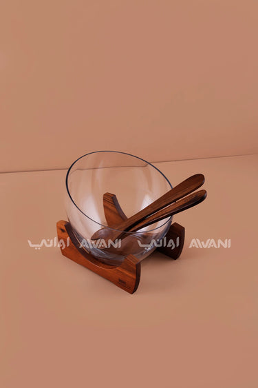 Clear Glass Salad Bowl with Solid Wood Stand and Servers