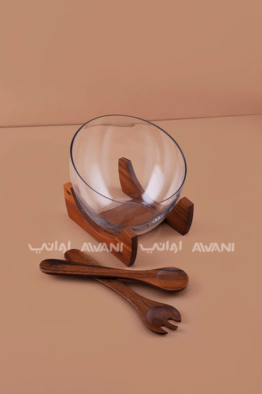 Clear Glass Salad Bowl with Solid Wood Stand and Servers