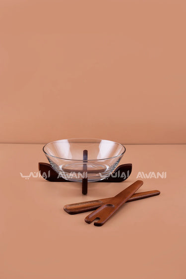 Round Clear Glass Salad Bowl Set with Wooden Cross Base & Serving Utensils