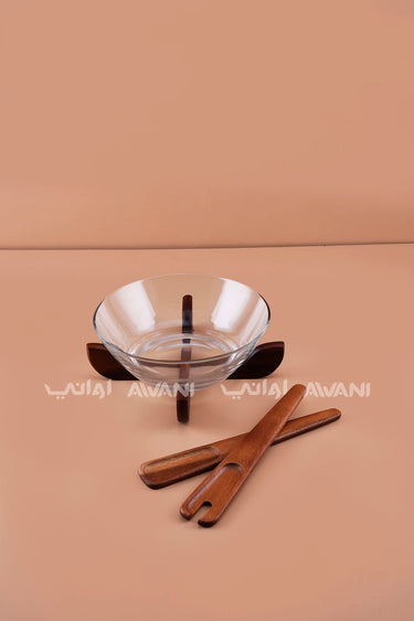 Round Clear Glass Salad Bowl Set with Wooden Cross Base & Serving Utensils