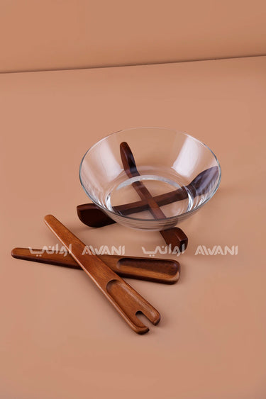 Round Clear Glass Salad Bowl Set with Wooden Cross Base & Serving Utensils