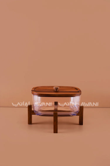 Glass Salad Bowl with Wooden Lid & Cross Stand Base (4200 ml) - Square