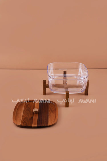 Glass Salad Bowl with Wooden Lid & Cross Stand Base (4200 ml) - Square