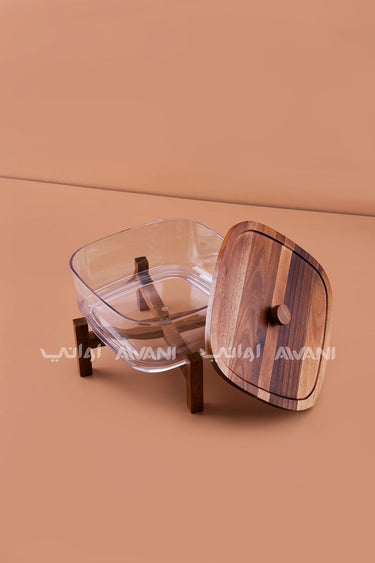 Glass Salad Bowl with Wooden Lid & Cross Stand Base (4200 ml) - Square