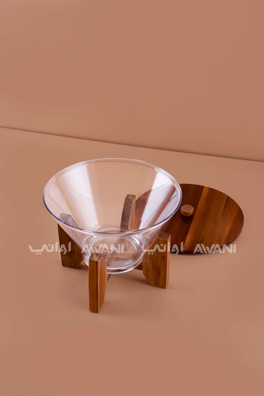 Round PC Salad Bowl with Wooden Lid and Wooden Stand – 3200 ml