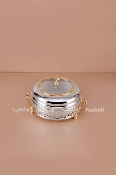 Silver & Gold Round Serving Dish with Lid | Hot Pot Food Warmer | Dates & Candy Server
