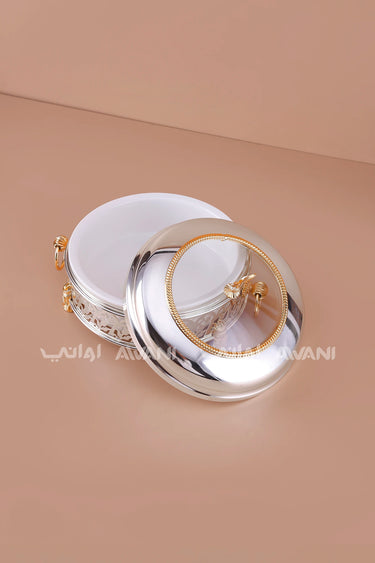 Silver & Gold Round Serving Dish with Lid | Hot Pot Food Warmer | Dates & Candy Server