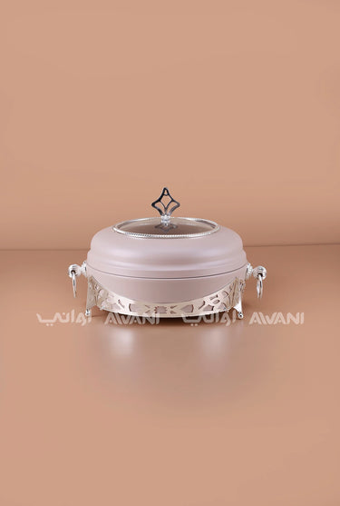 Round Ceramic Date & Candy Bowl with Frosted Glass Lid – Beige, Silver Accents (Small)