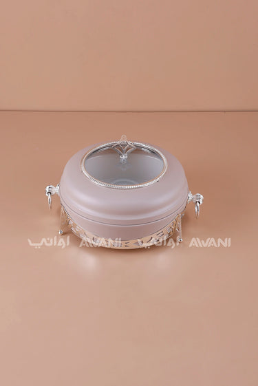 Round Ceramic Date & Candy Bowl with Frosted Glass Lid – Beige, Silver Accents (Small)