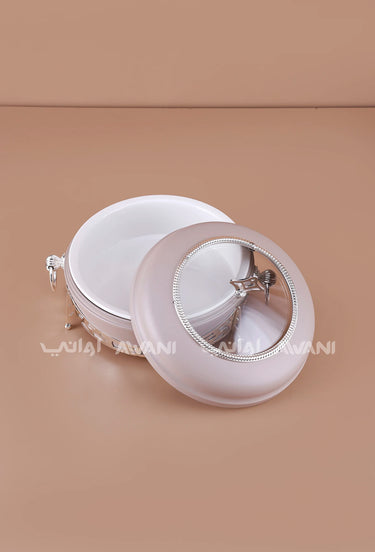 Round Ceramic Date & Candy Bowl with Frosted Glass Lid – Beige, Silver Accents (Small)
