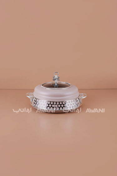 Round Ceramic Date & Candy Bowl with Frosted Glass Lid – Beige, Silver Accents (Large)