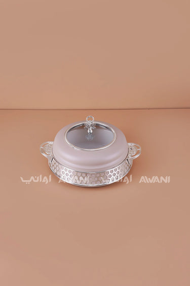 Round Ceramic Date & Candy Bowl with Frosted Glass Lid – Beige, Silver Accents (Large)