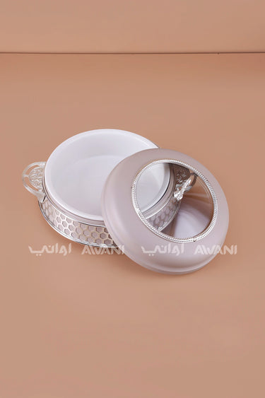 Round Ceramic Date & Candy Bowl with Frosted Glass Lid – Beige, Silver Accents (Large)