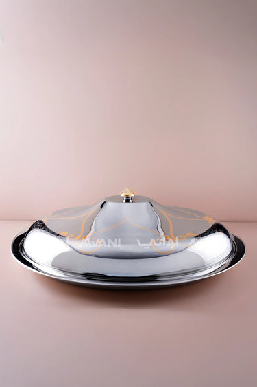 Oval Stainless Steel Serving Platter with Gold Accents & Dome Lid – L (105 Cm)
