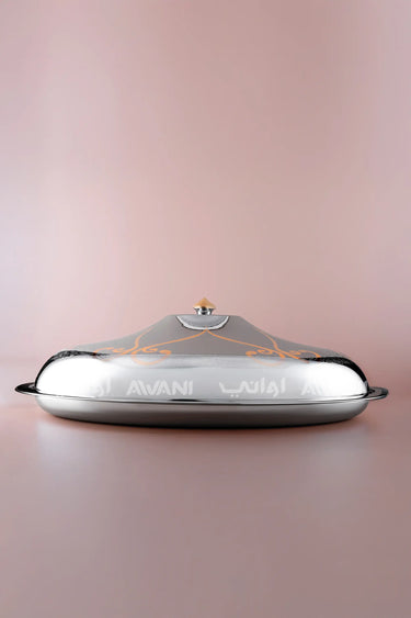 Oval Stainless Steel Serving Platter with Gold Accents & Dome Lid – L (105 Cm)