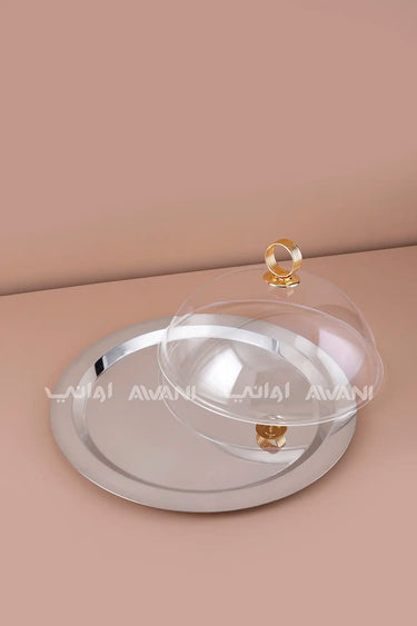 Round Stainless Steel Serving Platter with Clear Dome Lid and Gold Ring Handle