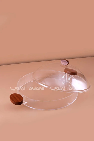 Round Acrylic Serving Tray with Dome Lid &  Wooden Handles - L