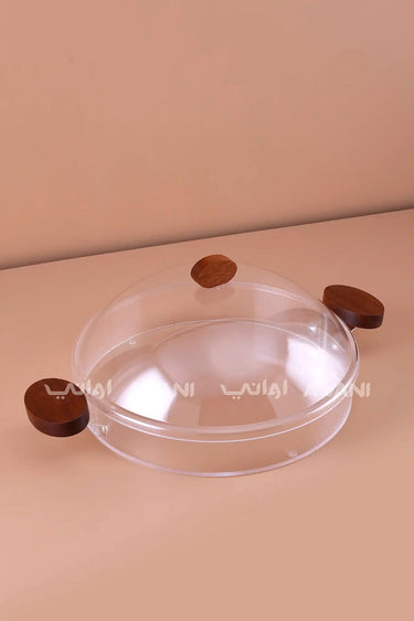 Round Acrylic Serving Tray with Dome Lid &  Wooden Handles - M