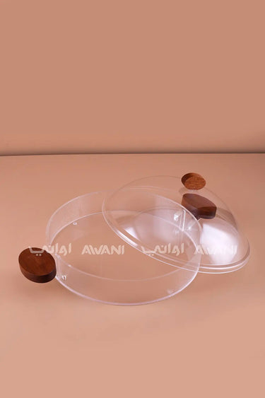Round Acrylic Serving Tray with Dome Lid &  Wooden Handles - M