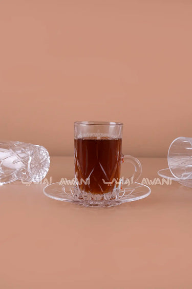 Elegant Diamond-Cut Istikan Tea Cup & Saucer Set - 12 Pcs