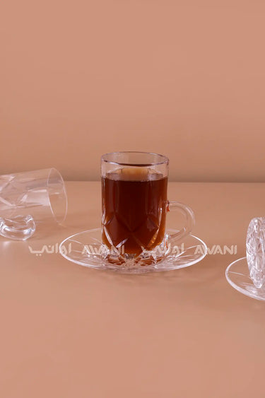 Diamond-Cut Glass Tea Cup & Saucer Set - 12 Pcs
