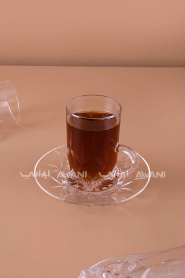 Diamond-Cut Glass Tea Cup & Saucer Set - 12 Pcs