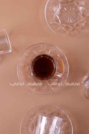 Diamond-Cut Glass Tea Cup & Saucer Set - 12 Pcs