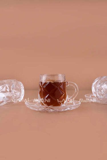 Diamond Glass Tea Cup & Saucer Set - 12 Pcs