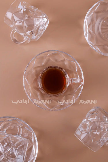 Diamond Glass Tea Cup & Saucer Set - 12 Pcs