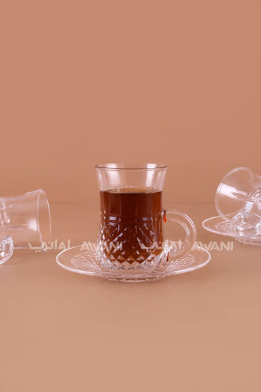 Diamond-Cut Glass Istikan Tea Cup & Saucer Set - 12 Pcs